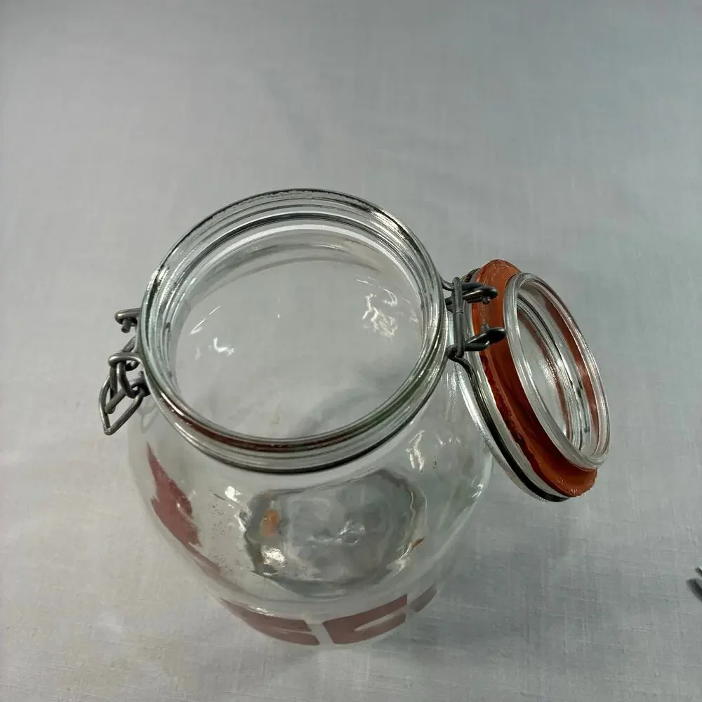 Vintage 3L Glass Storage Jar Clamp Lid Red Retro Graphic Kitchen Canister 11 In